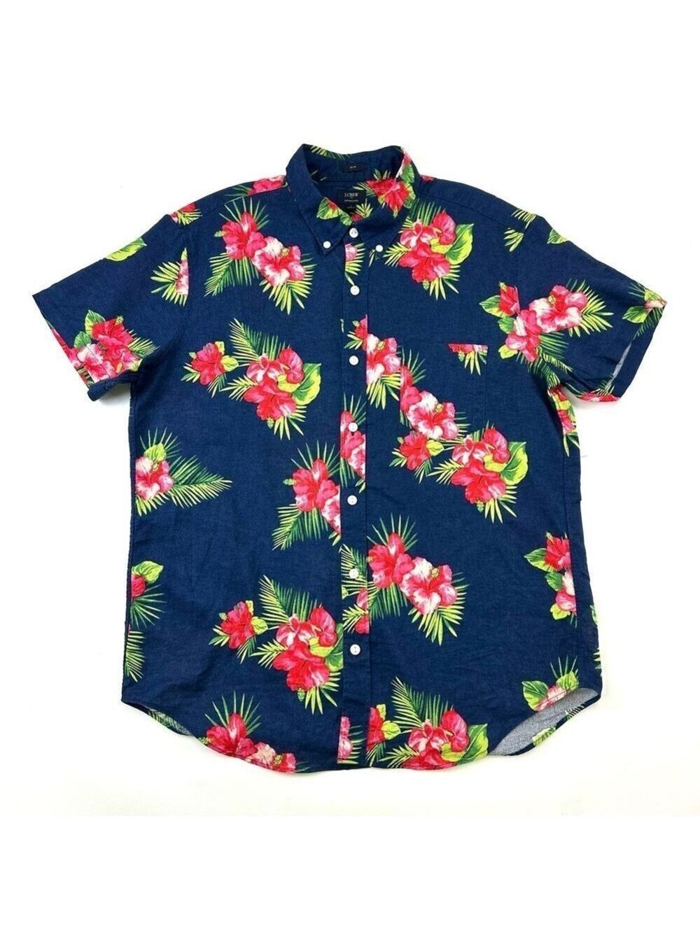 JCrew navy tropical cotton linen short sleeve button down mens shirt Large Slim